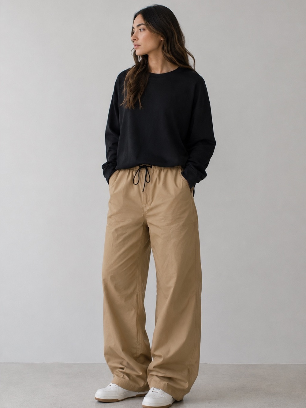 Commense NWT Khaki Cotton Wide Leg Parachute Pants Utility Cargo Size Small - Picture 2 of 8